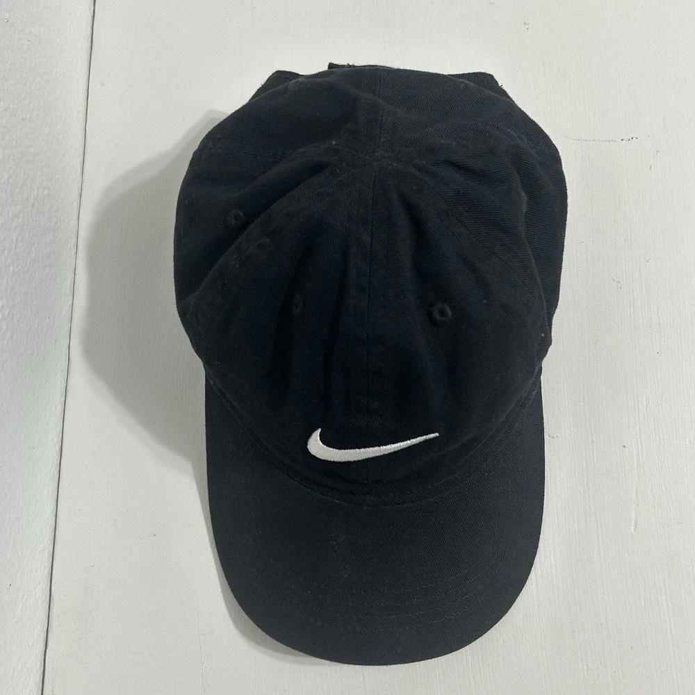 Nike Swoosh Black w/ White Logo Childs Hook and Loop Adjustable Baseball Hat Cap